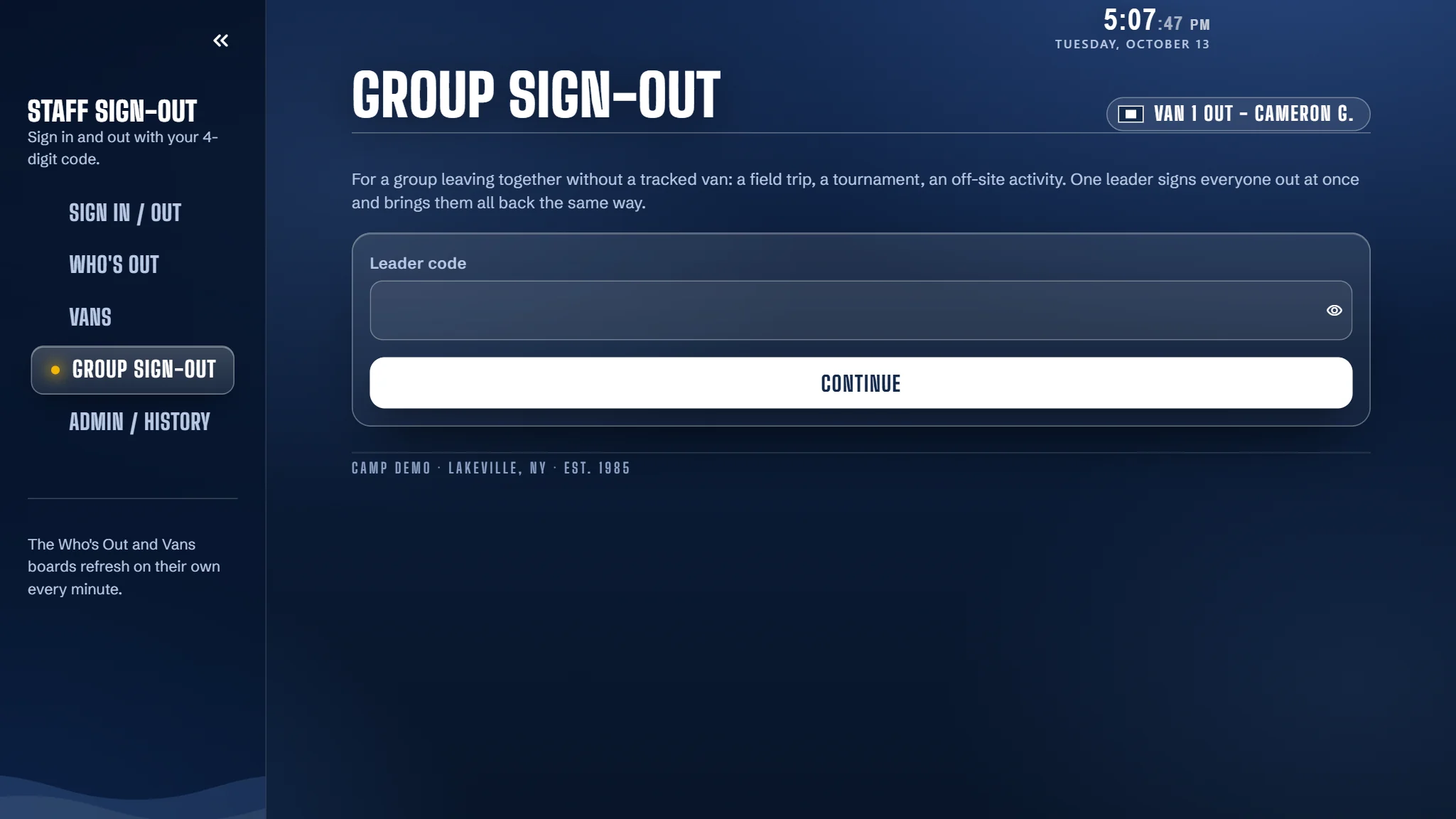 The group sign-out screen where one leader signs out a whole group for a field trip.