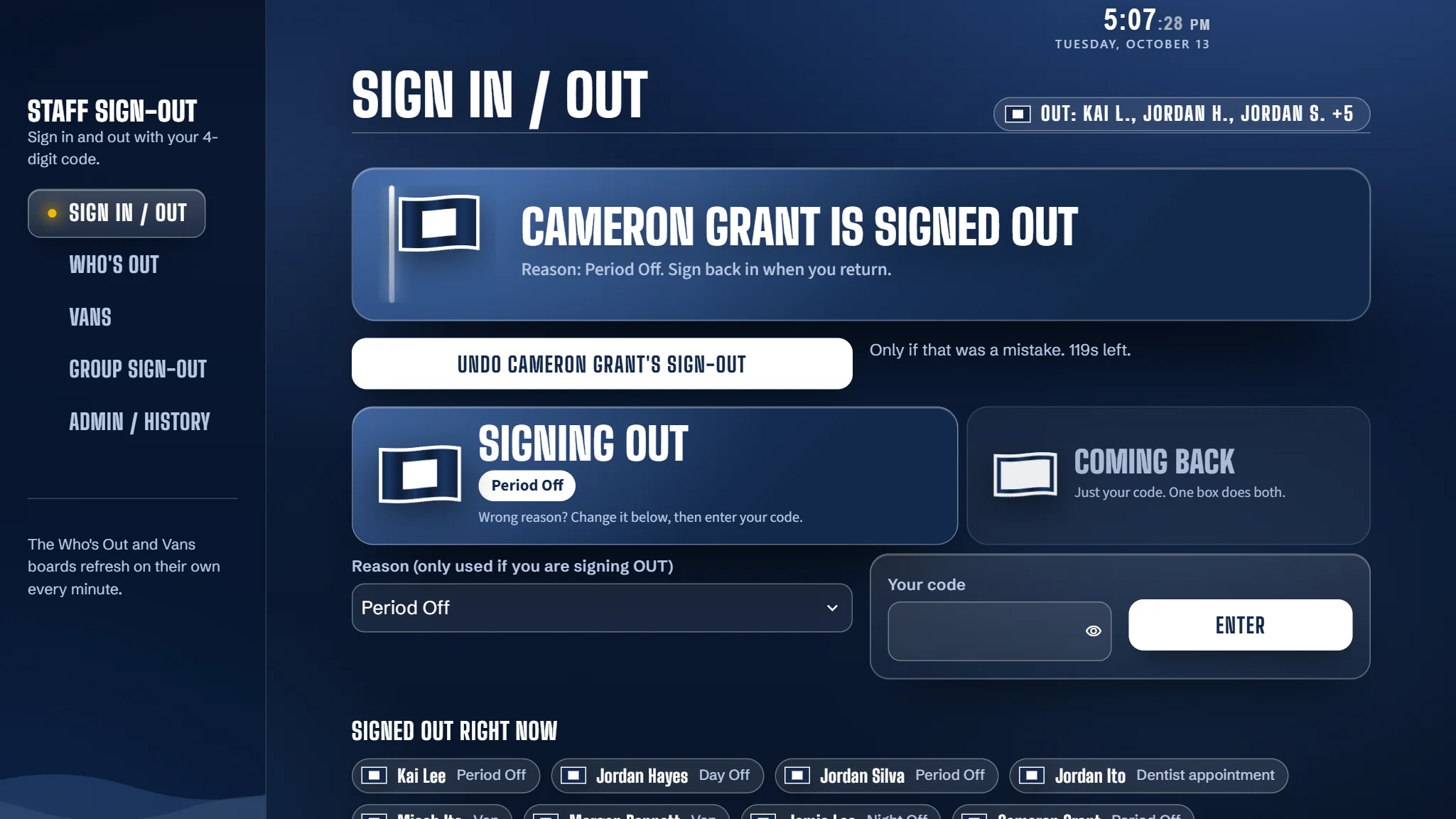 The sign-in screen confirming that a counselor is signed out, with an undo button and the list of who is out right now.