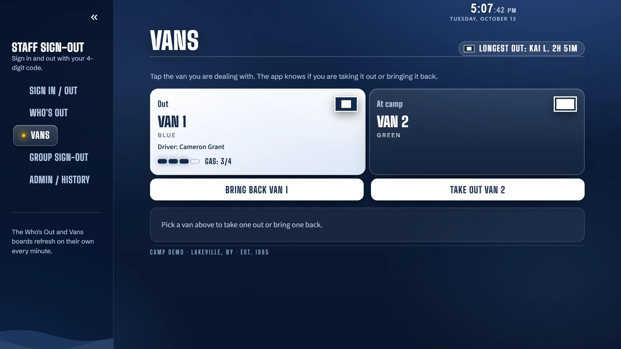 The vans screen showing one van out with its driver and three quarters of a tank of gas, and one van at camp.